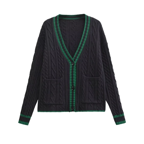 Cardigan in Maglia a Trecce Casual da Donna Scollo a V con Finiture a Righe Monopetto Cappotto in Maglia Corto