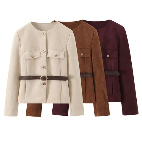 Chaqueta Corta de Gamuza Sintética para Mujer Cuello Redondo Manga Larga Color Sólido Blazer Abrigo Con Cinturón Fino