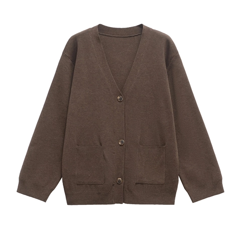 Women Casual V-Neck Knit Cardigan Long Sleeve Button Down Solid Color Sweater With Patch Pockets Loose Fit Ribbed Knitwear
