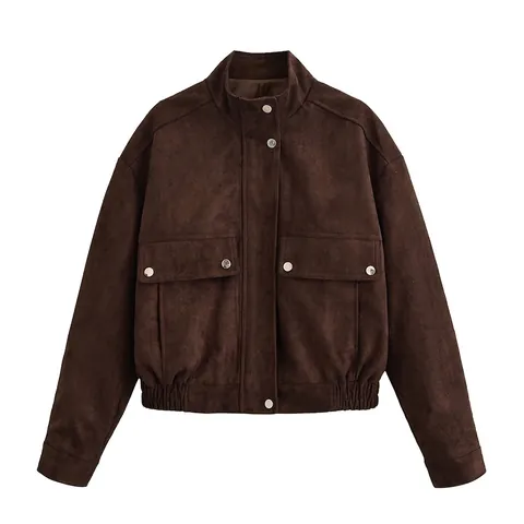Chaqueta de Antelina Streetwear para Mujer Color Sólido Cuello Alto Botones de Presión Metálicos Abrigo Corto Casual Otoño