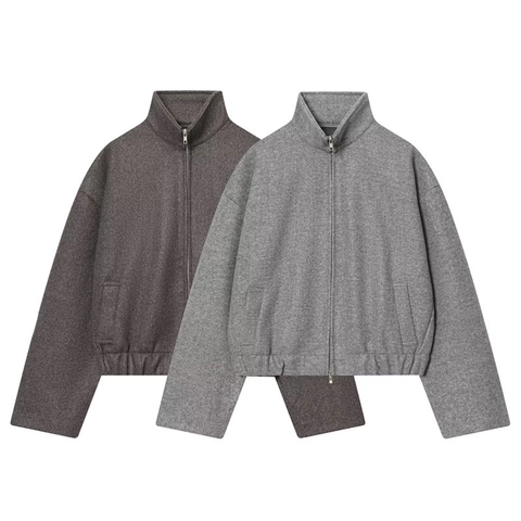 Women Fashion Stand Collar Zip Up Jacket Loose Casual Long Sleeve Solid Color Polyester Outerwear Fall Stylish Coat