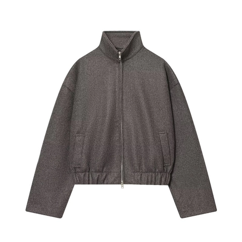 Women Fashion Stand Collar Zip Up Jacket Loose Casual Long Sleeve Solid Color Polyester Outerwear Fall Stylish Coat