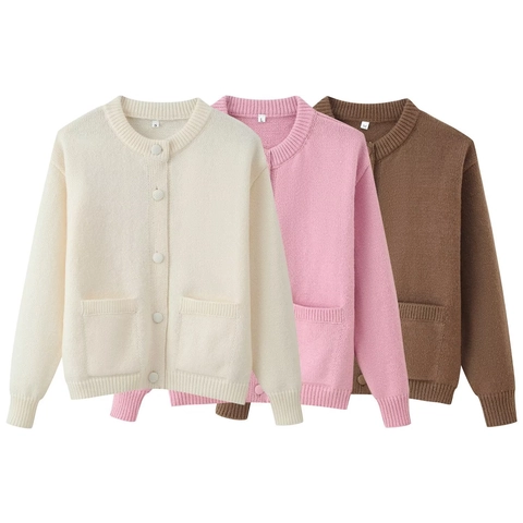 Cárdigan de Punto Suelto Casual para Mujer Con Botones Bolsillos Cuello Redondo Manga Larga Color Sólido Ropa de Punto Top