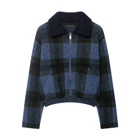 Veste En Maille À Carreaux Pour Femmes Pull À Carreaux Zippé Col À Revers Manches Longues Décontracté Vintage Vêtements D'extérieur Chauds D'hiver