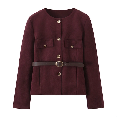 Chaqueta Corta de Gamuza Sintética para Mujer Cuello Redondo Manga Larga Color Sólido Blazer Abrigo Con Cinturón Fino