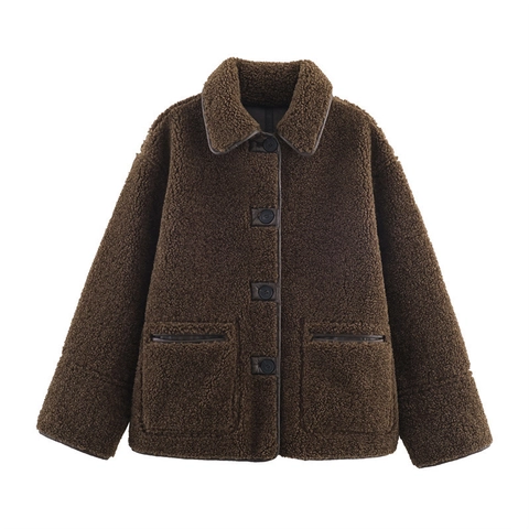 Giacca da Donna Casual in Pile Teddy Colletto a Punta Cappotto Largo con Tasche Capispalla Monopetto