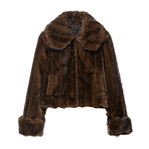 Conjunto Elegante de Chaqueta de Piel Sintética y Falda para Mujer Abrigo Corto de Manga Larga Cintura Alta Streetwear Marrón Oscuro