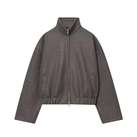 Women Fashion Stand Collar Zip Up Jacket Loose Casual Long Sleeve Solid Color Polyester Outerwear Fall Stylish Coat