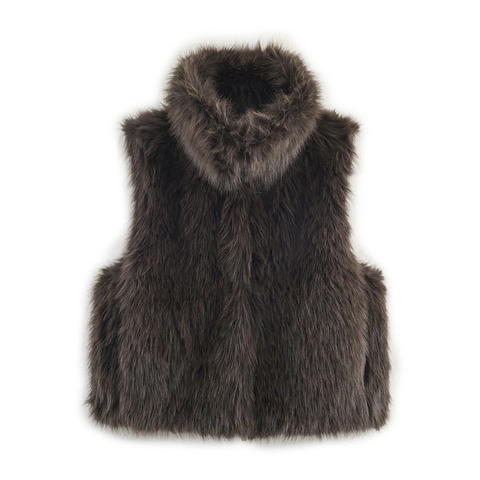 Gilet in Pelliccia Sintetica Elegante da Donna Senza Maniche con Colletto alla Coreana Corto Marrone Scuro Street Style