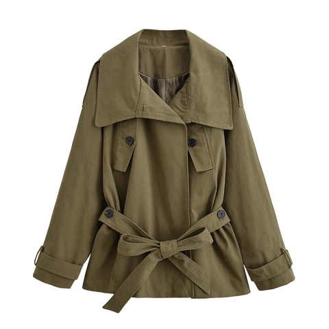 Women's Casual Army Green Trench Coat Navy Collar Single Breasted Mid Length Windbreaker With Belt For Spring Autumn