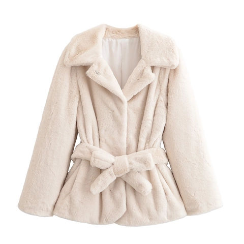 Women Elegant Faux Fur Coat Long Sleeve Lapel Collar With Belt Solid Color Warm Winter Outerwear Streetwear Jacket Top