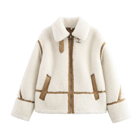 Giacca Casual da Donna in Simil Sherpa Invernale Calda Patchwork Bordo in Scamosciato Cappotto Bomber con Cerniera Streetwear