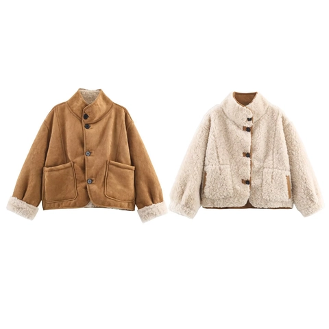 Giacca Reversibile Da Donna In Finta Scamosciata E Montone Caldo Streetwear Invernale Collo In Piedi Cappotto Corto Patchwork