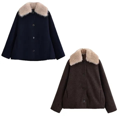 Giacca di Lana Casual da Donna con Collo in Pelliccia Sintetica Cappotto Monopetto Vintage a Tinta Unita Autunno Inverno