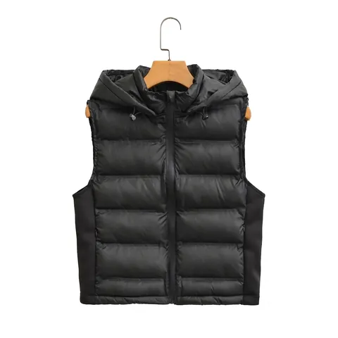 Women Fashion Hooded Padded Vest Black Sleeveless Zip Up Cropped Jacket Streetwear Autumn Winter Warm Outwear