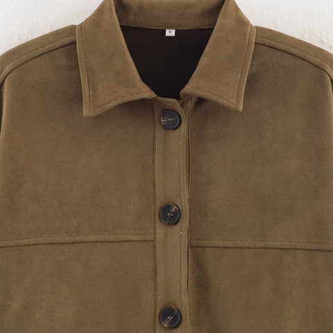 Chaqueta de Camisa para Mujer Efecto Gamuza Color Marrón Sólido Solapa Abotonadura Sencilla Retro Casual Abrigo Holgado