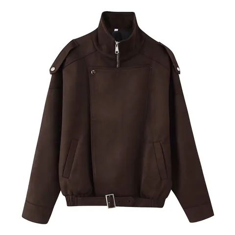 Women Vintage Faux Suede Biker Jacket Retro Lapel Zipper Short Coat Streetwear Casual Workwear Autumn Winter Outwear