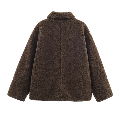 Giacca da Donna Casual in Pile Teddy Colletto a Punta Cappotto Largo con Tasche Capispalla Monopetto