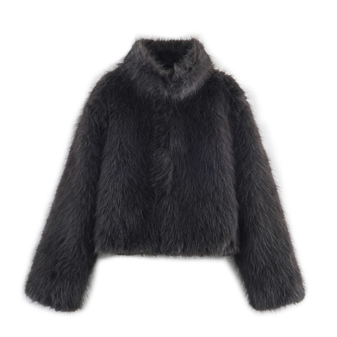 Abrigo Corto de Piel Sintética Elegante para Mujer Otoño Chic Cuello Redondo Manga Larga Color Sólido Beige Gris