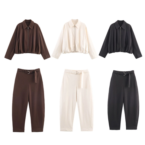 Completo Donna Moda Casual Giacca E Pantaloni Larghi Colletto Revers Cerniera Cappotto Corto Pantaloni Vita Alta Con Cintura