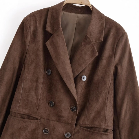 Damen Wildleder-Textur Blazer Jacke Zweireiher Kaffee Braun Langarm Street Style Herbst Winter Anzug Oberbekleidung