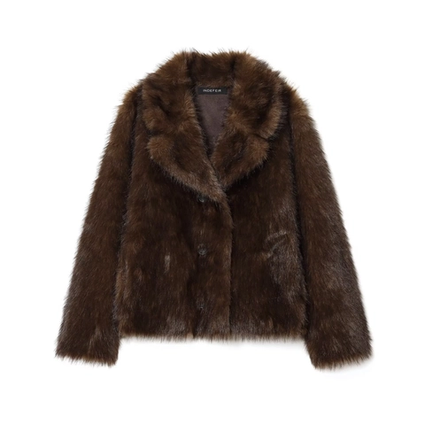 Women Brown Faux Fur Jacket Winter Warm Lapel Long Sleeve Single Breasted Solid Casual Coat