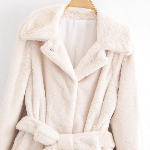 Women Elegant Faux Fur Coat Long Sleeve Lapel Collar With Belt Solid Color Warm Winter Outerwear Streetwear Jacket Top