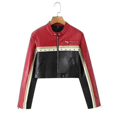 Giacca da Motociclista da Donna in Pelle PU Color Block Collo Rialzato Corta in Ecopelle Giubbotto Moto con Borchie e Cerniera