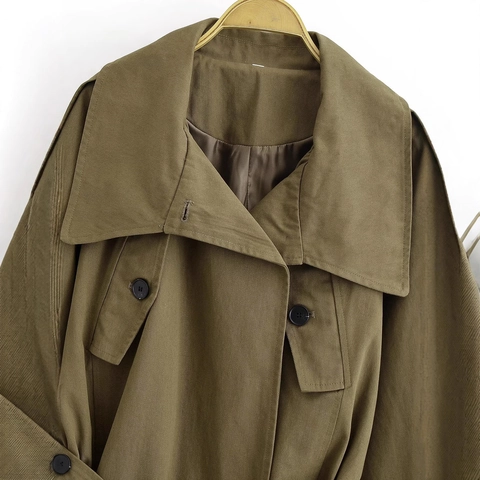 Women's Casual Army Green Trench Coat Navy Collar Single Breasted Mid Length Windbreaker With Belt For Spring Autumn
