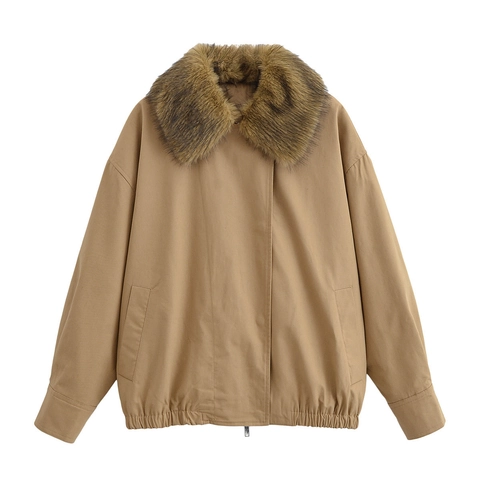 Giacca Casual da Donna Cachi con Collo in Pelliccia Sintetica Tinta Unita Full Zip Orlo Elastico Cappotto Invernale Caldo