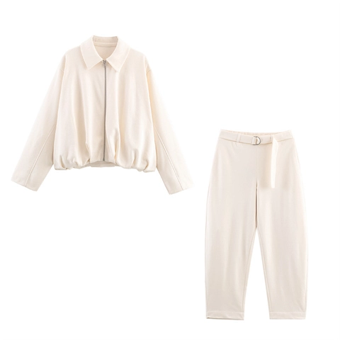 Completo Donna Moda Casual Giacca E Pantaloni Larghi Colletto Revers Cerniera Cappotto Corto Pantaloni Vita Alta Con Cintura