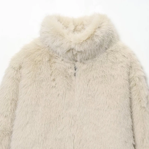 Cappotto Corto Casual in Ecopelliccia da Donna Collo Alto Manica Lunga Giacca Invernale Calda Tinta Unita