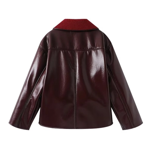 Women Faux Fur Leather Jacket Contrast Color Lapel Fleece Lined Coat Long Sleeve Single Breasted Casual Outerwear Burgundy