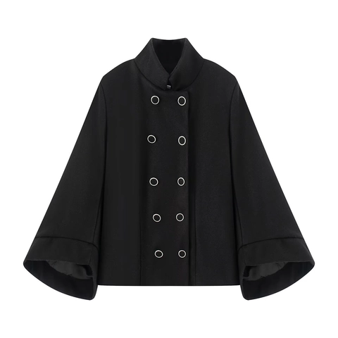 Damen Doppelreihig Fledermausärmel Wollimitat Mantel Lässig Stehkragen Cape Jacke Streetwear Einfarbig Schwarz Wintermantel