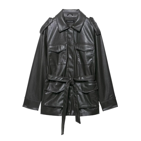 Women Black PU Leather Jacket Belted Mid-Length Outdoor Casual Coat Solid Color Long Sleeve Outwear With Flap Pockets