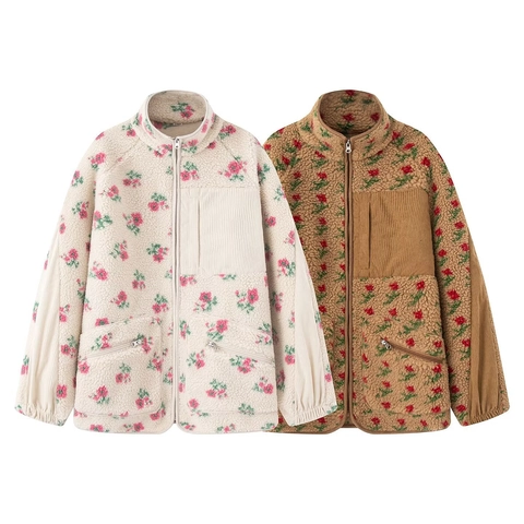Γυναικείο Vintage Floral Sherpa Fleece Μπουφάν Όρθιος Γιακάς Φερμουάρ Patchwork Κοτλέ Τσέπη Χαλαρό Ζεστό Casual Πανωφόρι