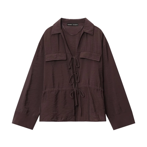 Camicia da Donna in Raso a Maniche Lunghe Color Caffè Con Revers e Fiocco Sul Davanti Con Tasche a Patta Top Casual Largo da Ufficio