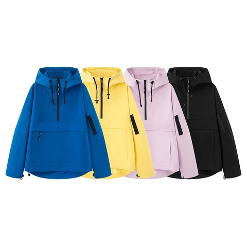 Chaqueta Anorak Casual para Mujer con Capucha Media Cremallera Rompevientos Aire Libre Corte Holgado Chaqueta de Manga Larga con Bolsillo Frontal
