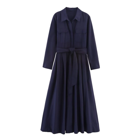 Elegant Solid Color Polyester Poplin Shirt Maxi Dress For Women Long Sleeve Button Up Belted A-Line Professional Casual