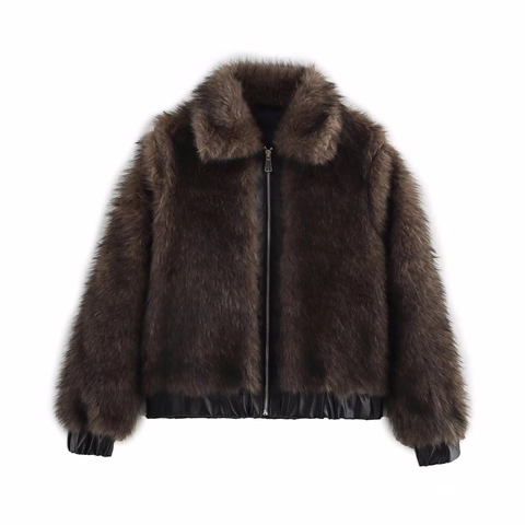 Damen Mode Kunstpelz Jacke Dunkelbraun Reißverschluss Plüschmantel Mit PU Lederbesatz Revers Lose Casual Warme Oberbekleidung