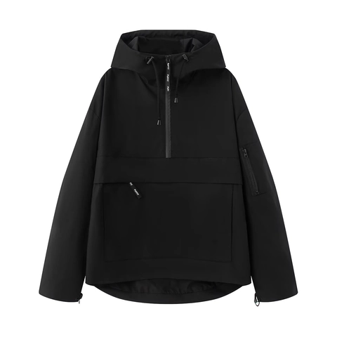 Women Hooded Anorak Jacket Casual Half Zipper Windbreaker Outdoor Loose Fit Polyester Sportswear Solid Color Outerwear Top