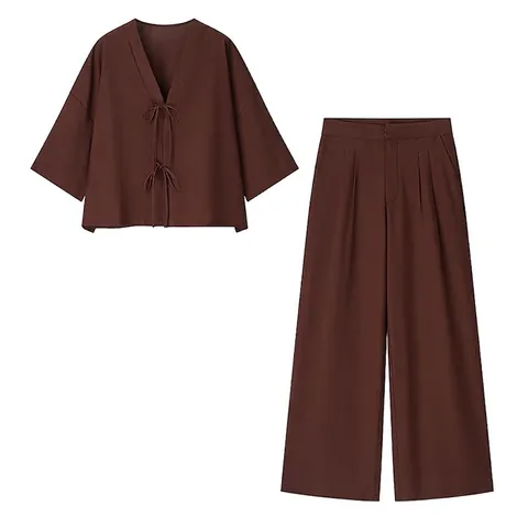 Conjunto de Top de Satén Casual para Mujer y Pantalones de Pierna Ancha Cuello en V Cordones Ajuste Holgado Minimalista Café