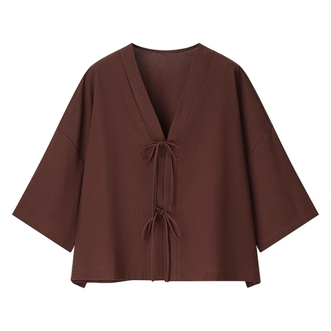 Conjunto de Top de Satén Casual para Mujer y Pantalones de Pierna Ancha Cuello en V Cordones Ajuste Holgado Minimalista Café