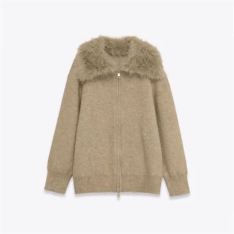 Donna Elegante Maglione in Maglia con Collo in Pelliccia Khaki Cardigan con Cerniera Vestibilità Larga Caldo Autunno Inverno Giacca in Maglia Top