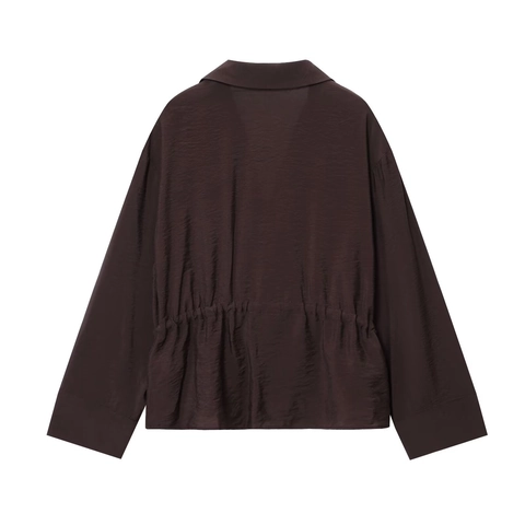 Camicia da Donna in Raso a Maniche Lunghe Color Caffè Con Revers e Fiocco Sul Davanti Con Tasche a Patta Top Casual Largo da Ufficio