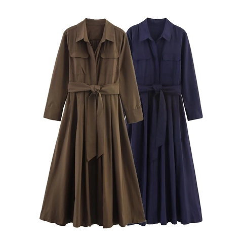 Women Elegant Long Sleeve Shirt Maxi Dress With Belt Lapel A-Line Office Fashion Solid Color Polyester Pockets Dress