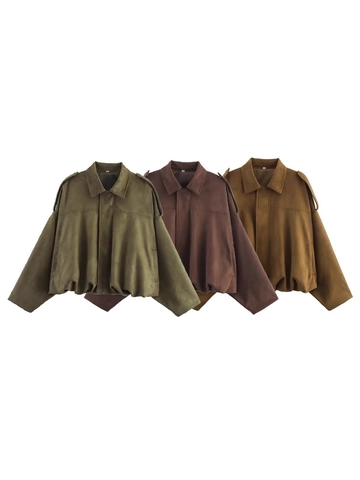 Chaqueta Bomber de Gamuza Sintética Vintage para Mujer Abrigo Corto Oversized Con Bolsillos Solapa Cremallera Otoño Casual Streetwear