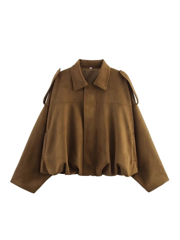 Chaqueta Bomber de Gamuza Sintética Vintage para Mujer Abrigo Corto Oversized Con Bolsillos Solapa Cremallera Otoño Casual Streetwear