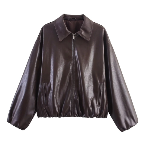 Chaqueta Bomber de Cuero Sintético Casual para Mujer Corte Holgado Solapa Cremallera Metálica Color Sólido Manga Larga Ropa de Abrigo Corta