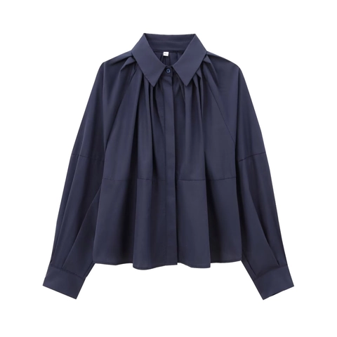 Damen Street Fashion Plissee Popeline Bluse Marineblau Langarm Lose Button Down Hemd Für Casual Alltag Kleidung